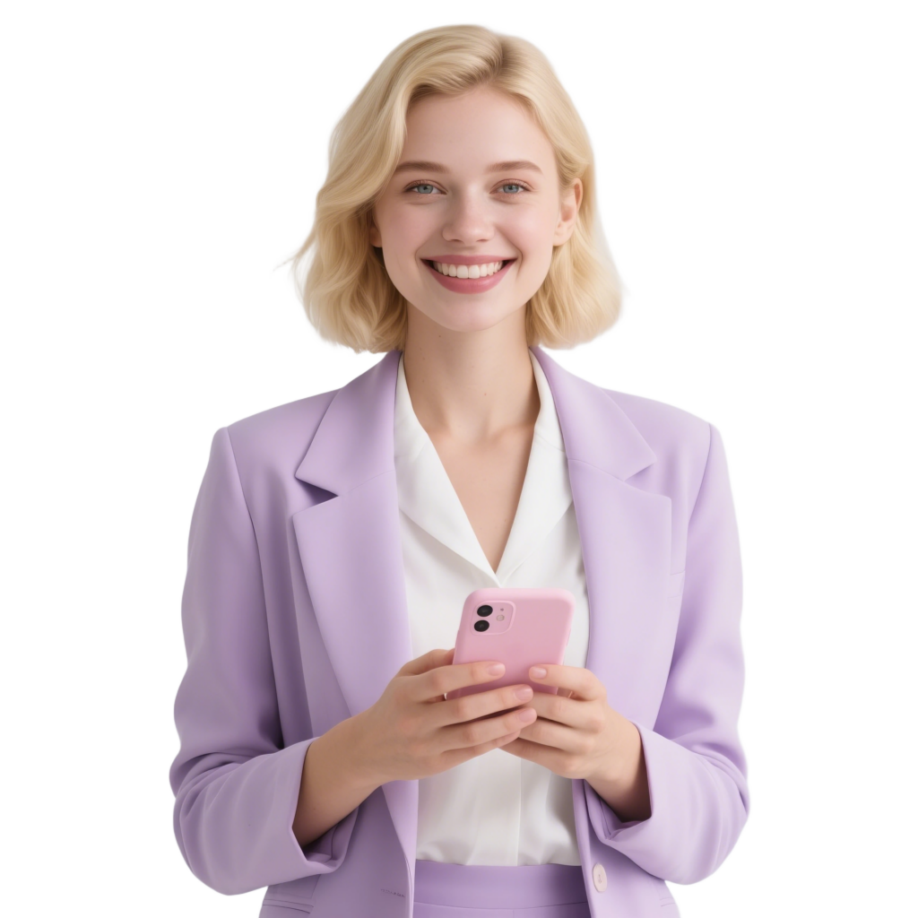 vecteezy woman smiling holding pink phone isolated on transparent 67338981
